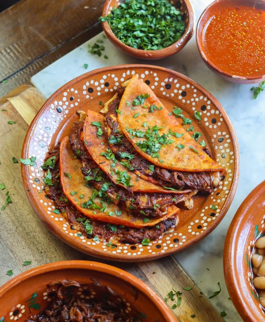 birria tacos on a mexican plate.