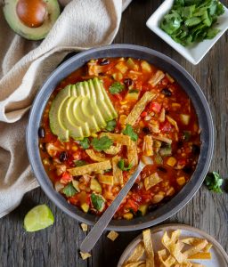 vegan chicken tortilla soup in a bowl.