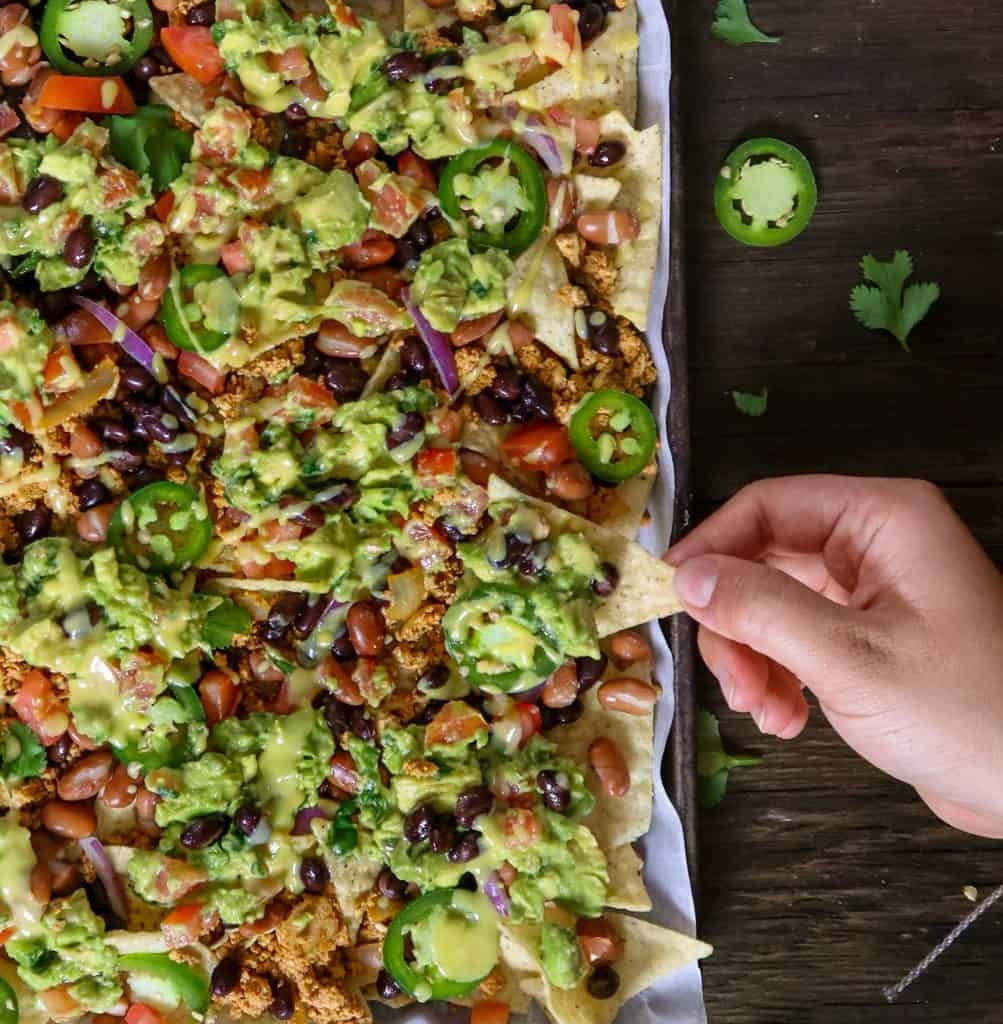 Loaded Vegan Nachos with Black Beans and Spicy Chickpeas