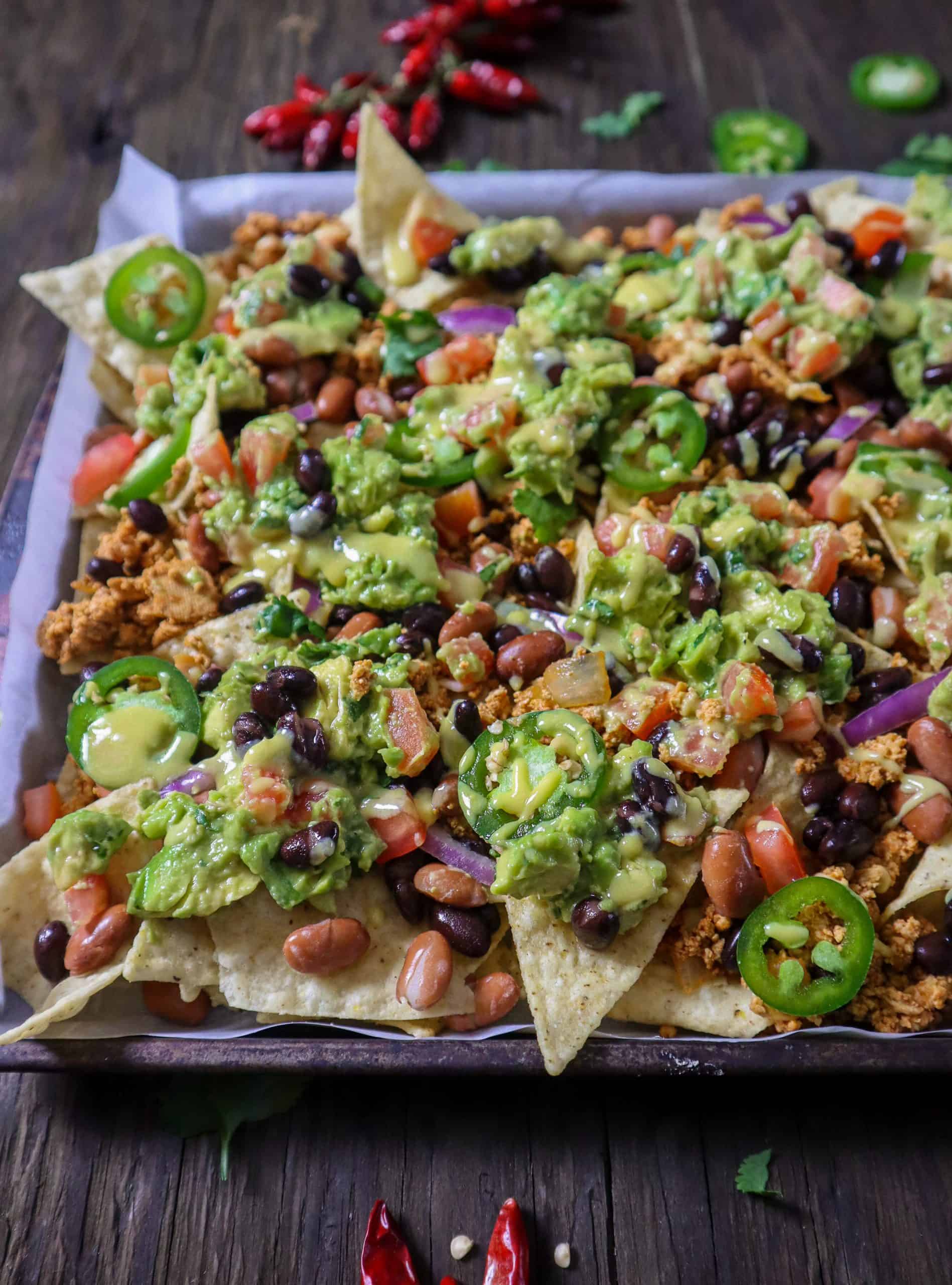 Loaded Vegan Nachos with Black Beans and Spicy Chickpeas