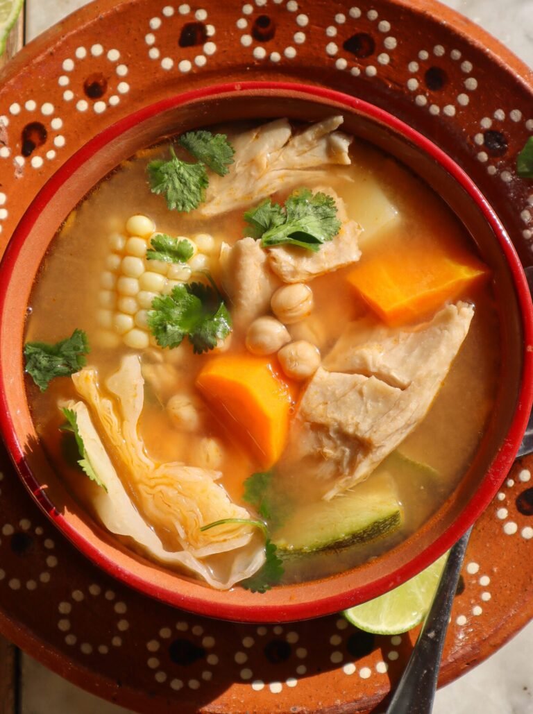 vegan caldo de pollo in a bowl.