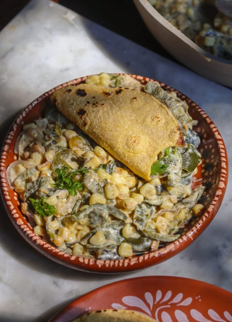 rajas con crema recipe in a mexican plate.