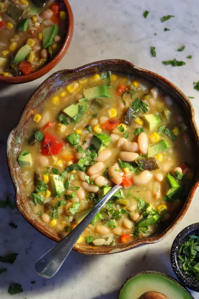 poblano bean soup in a bowl.