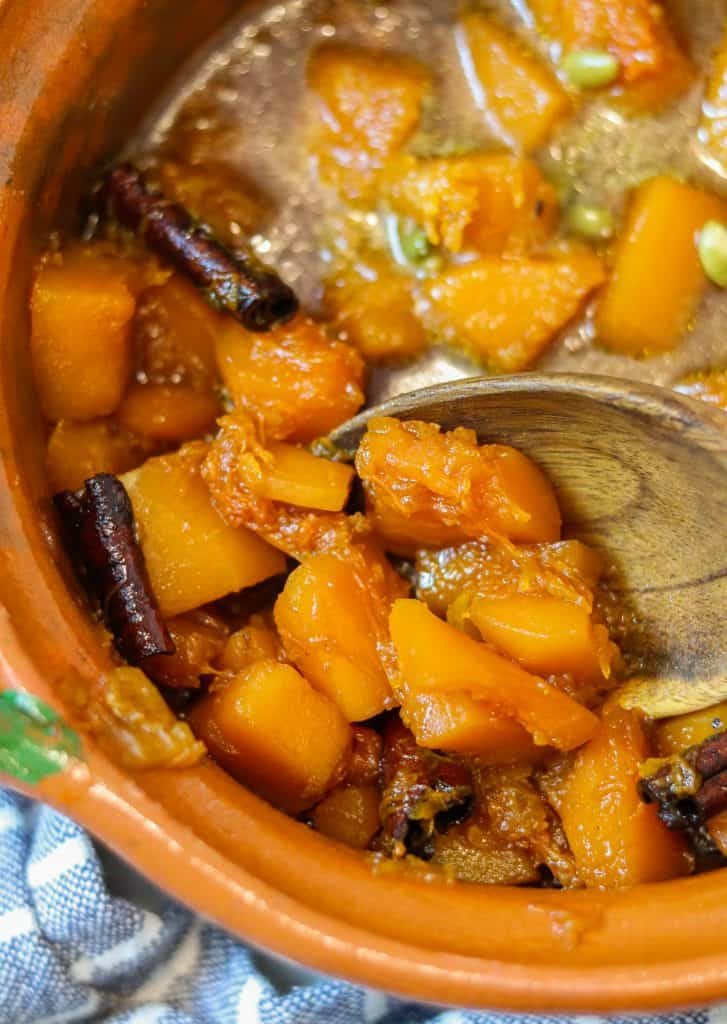 calabaza en tacha candied pumpkin in a pot.