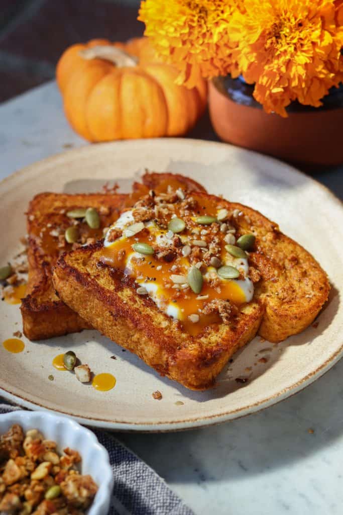 vegan pumpkin french toast on a plate.