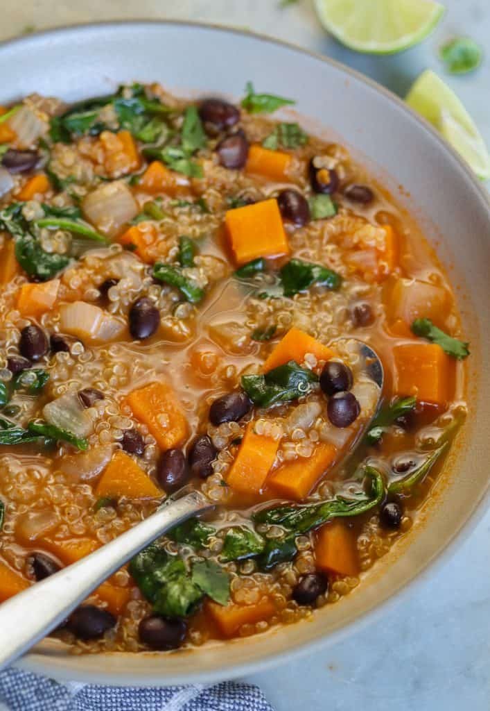 sweet potato quinoa soup in a bowl.