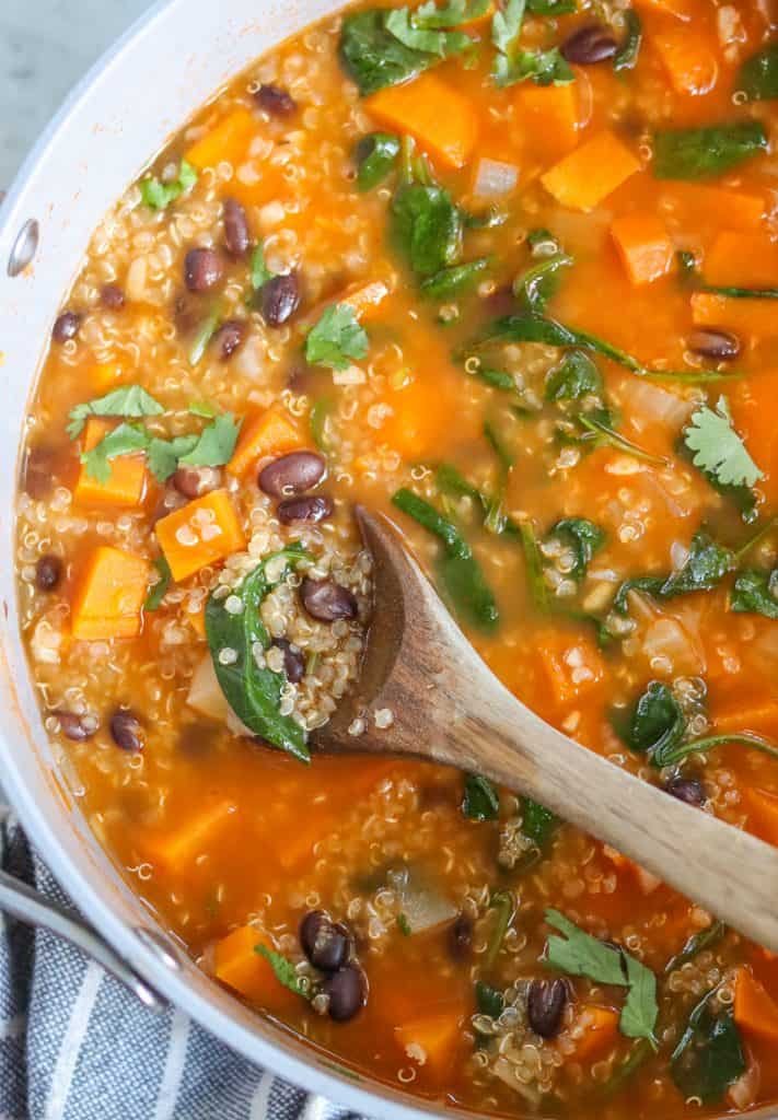 sweet potato quinoa soup in a pot.