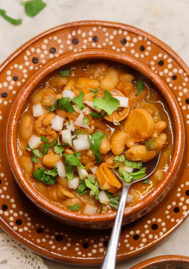 vegan charro beans in a mexican bowl.