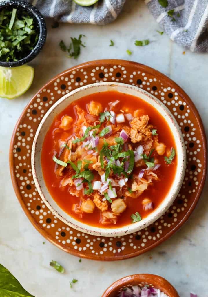 vegan menudo mexican soup in a bowl.