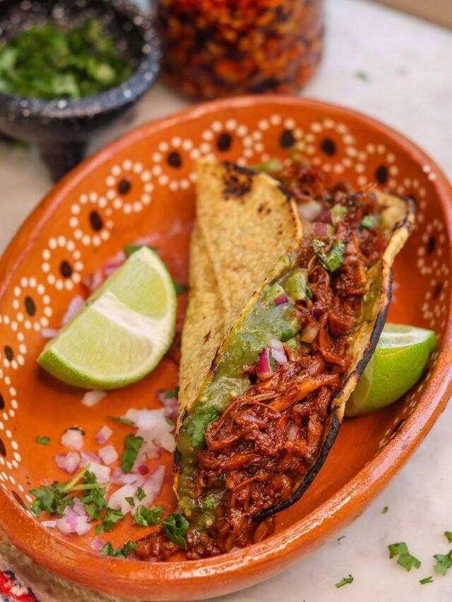 king oyster mushroom taco on a mexican plate.