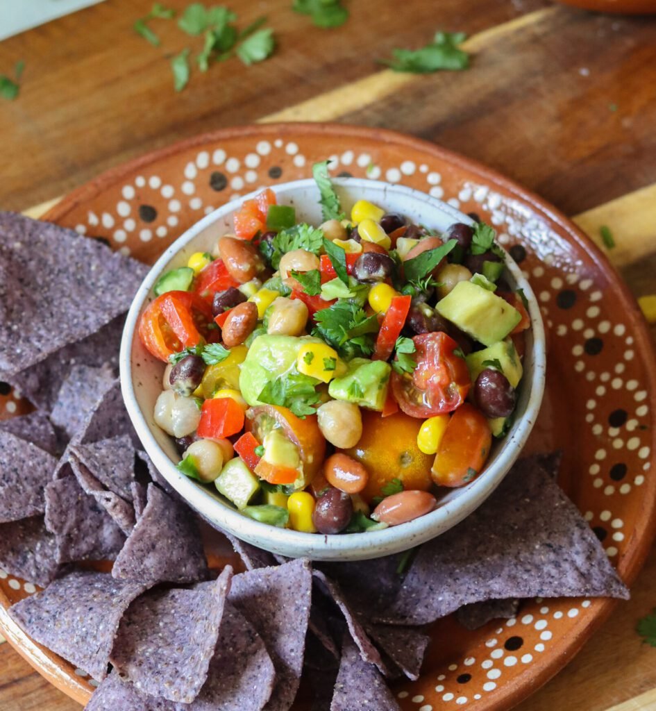 3 bean salad recipe with chips and salsa.