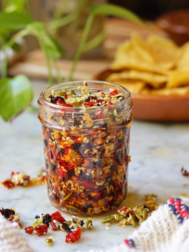 salsa macha recipe mexican chili oil in a jar.