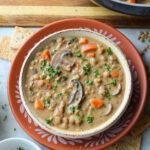 creamy lentil soup in a bowl.