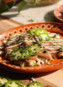 enfrijoladas recipe on a mexican plate.