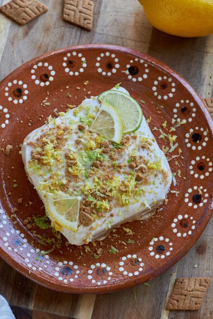 vegan lemon dessert on a mexican plate.