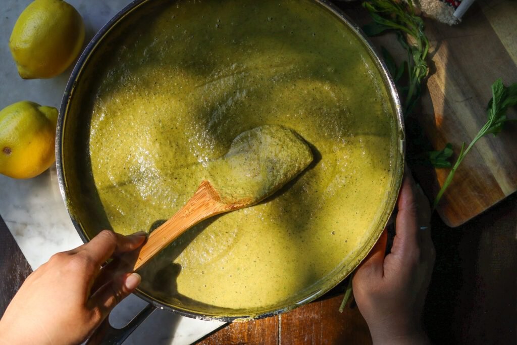 mole verde on a pan simmering.