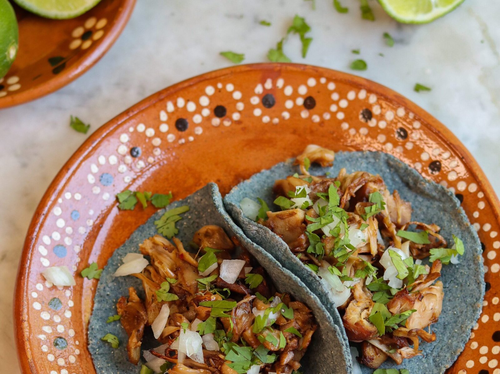 jackfruit tacos on a mexican plate.