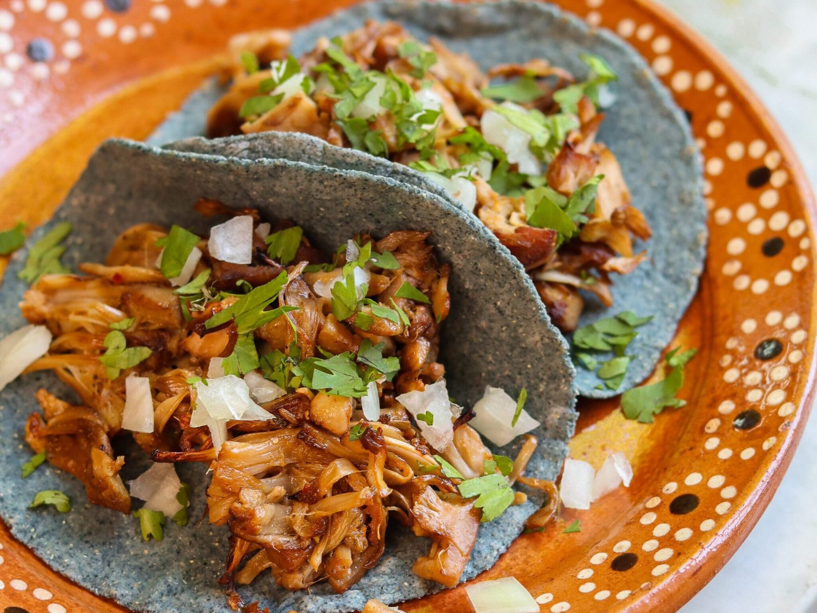 jackfruit tacos on a mexican plate.