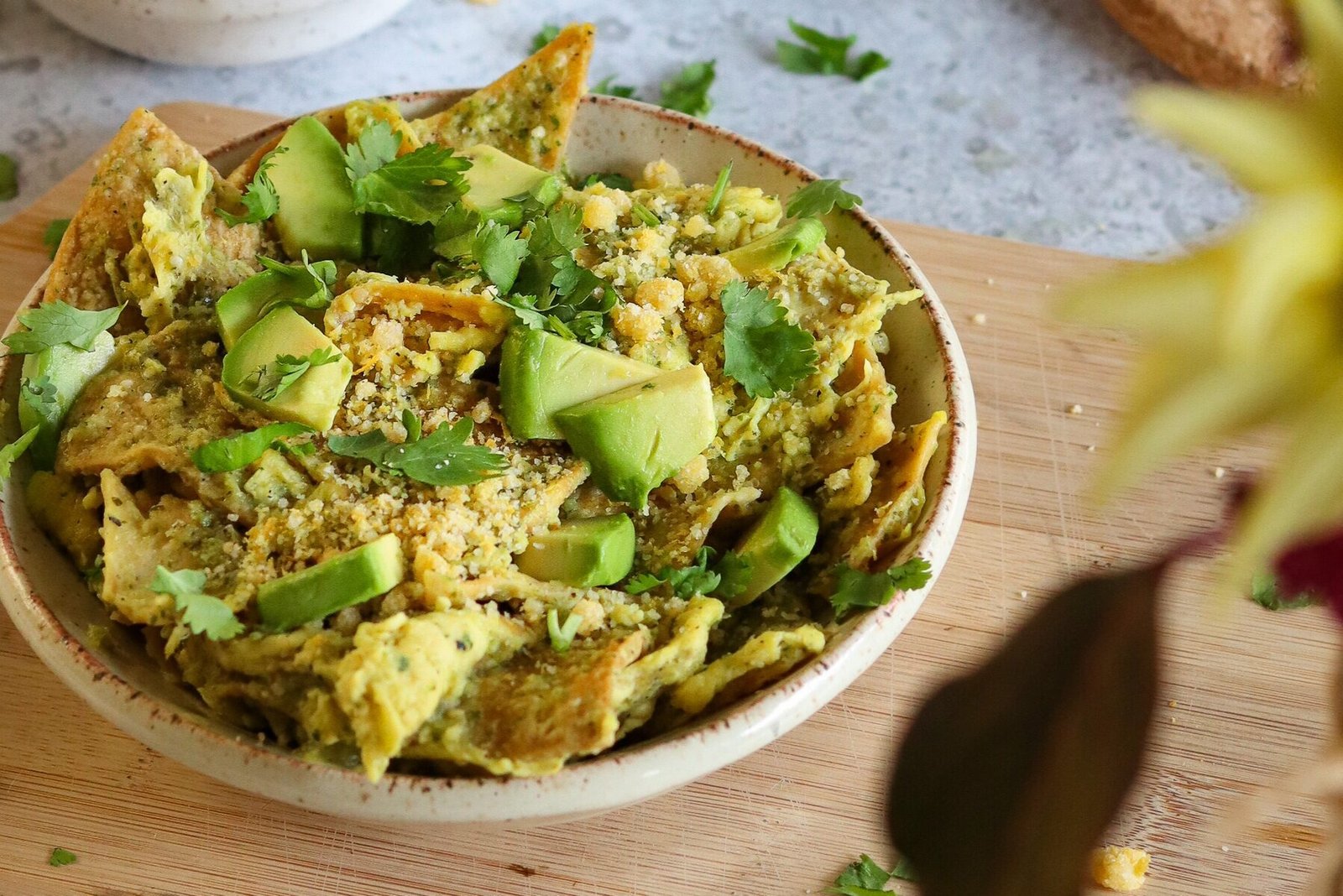 vegan chilaquiles verdes on a plate.