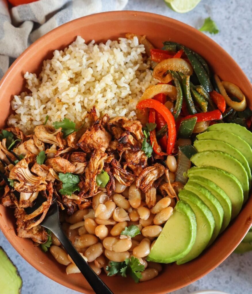 vegan burrito bowl with toppings.