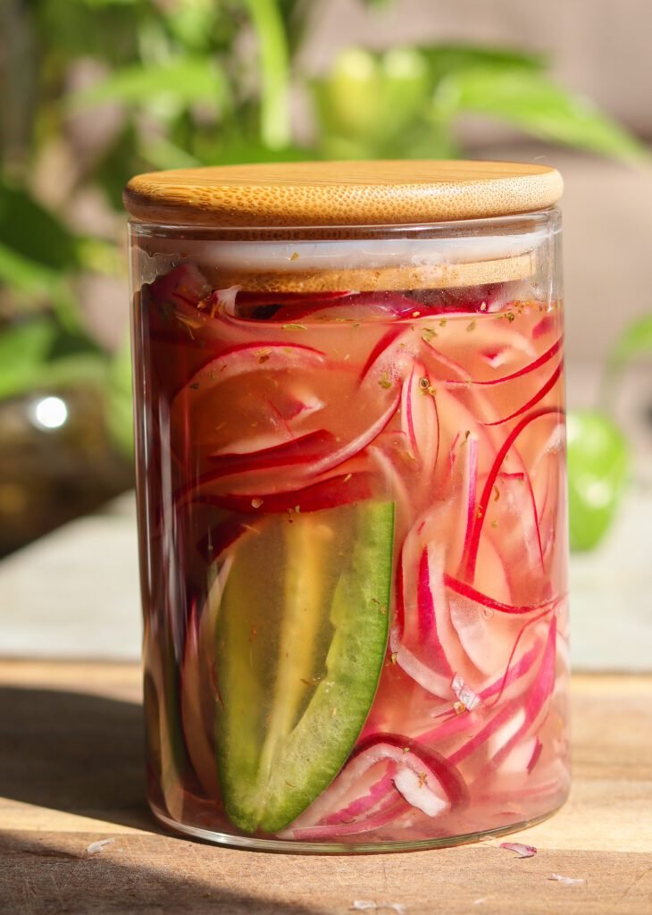 mexican pickled onions in a jar.