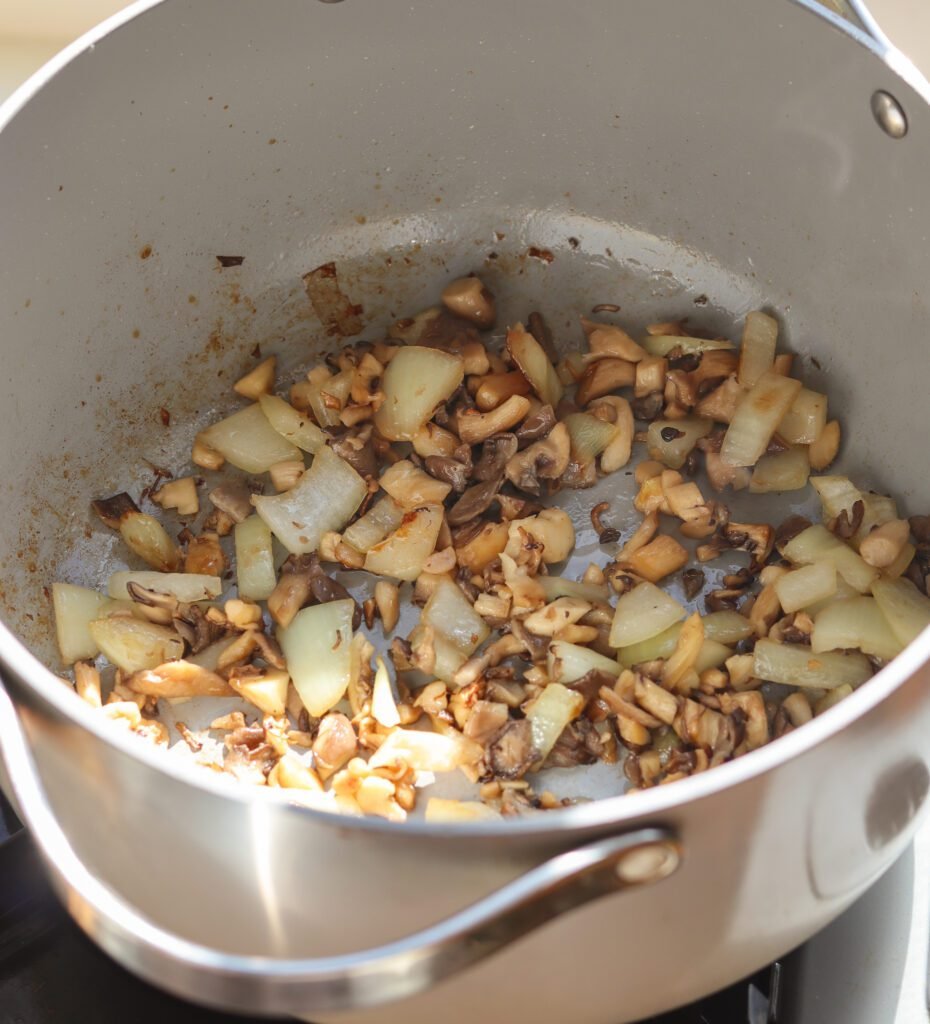 cooked mushrooms in a pot.