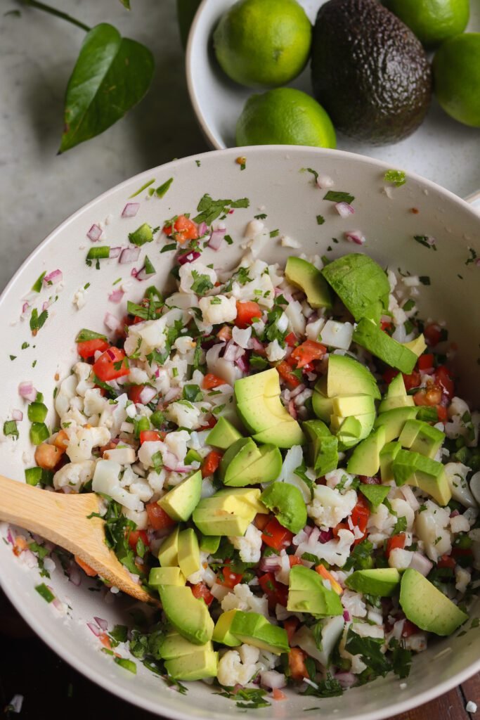 Cauliflower ceviche in a bowl.