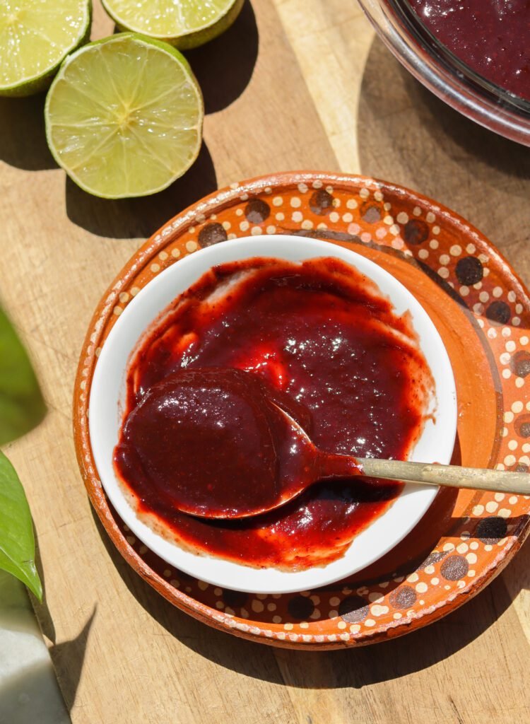 homemade chamoy on a mexican plate.