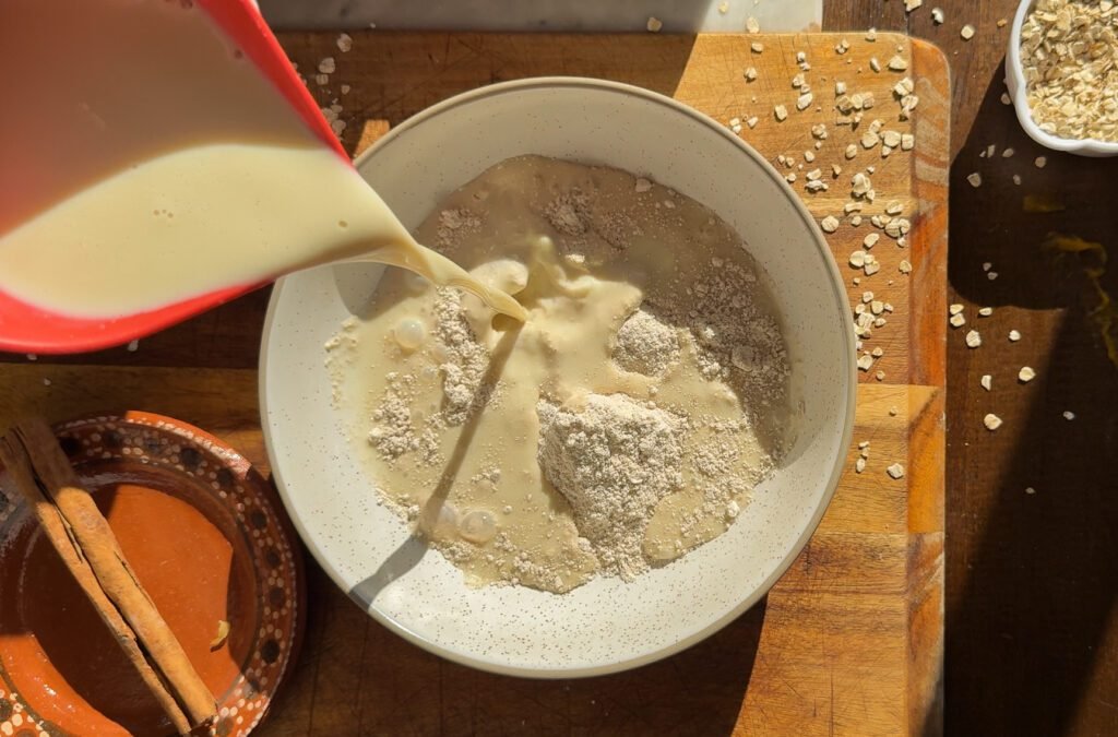 add milk to the oat flour.