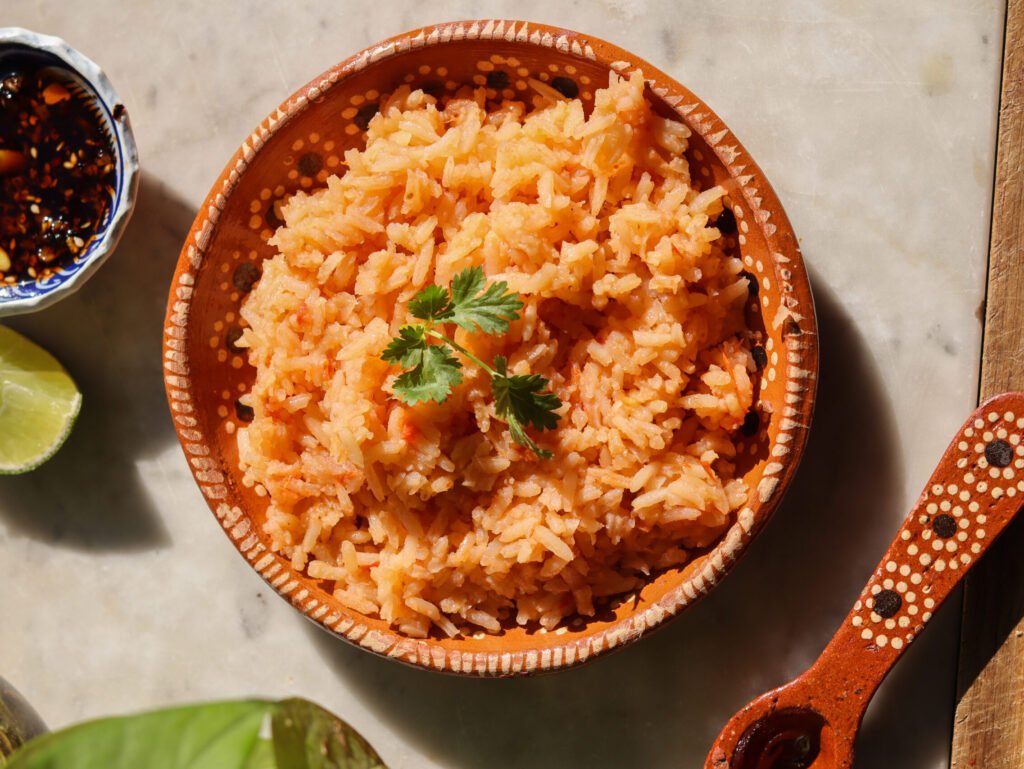 mexican red rice in a bowl.